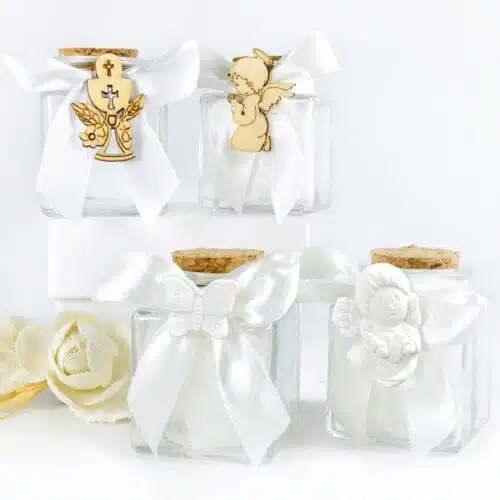 Barattolino Confettata Portaconfetti in Vetro Applicazione Calice Comunione e Nastrino Bianco Portaconfetti Albalu Bomboniere