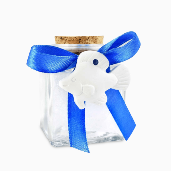 Barattolino Portaconfetti in Vetro con Tappo in Sughero e Applicazione in Gesso Tema Mare  e Nastrino Blu Portaconfetti Albalu Bomboniere