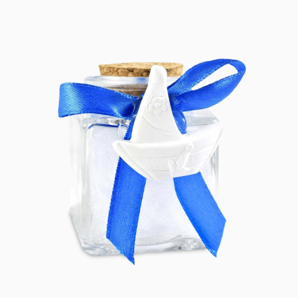 Barattolino Portaconfetti in Vetro con Tappo in Sughero e Applicazione in Gesso Tema Mare  e Nastrino Blu Portaconfetti Albalu Bomboniere