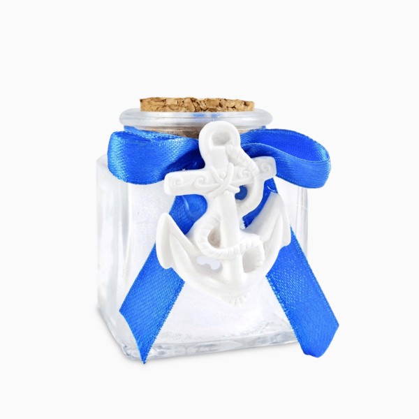 Barattolino Portaconfetti in Vetro con Tappo in Sughero e Applicazione in Gesso Tema Mare  e Nastrino Blu Portaconfetti Albalu Bomboniere Default Title