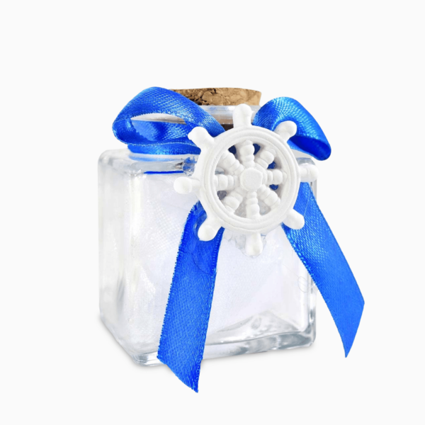 Barattolino Portaconfetti in Vetro con Tappo in Sughero e Applicazione in Gesso Tema Mare  e Nastrino Blu Portaconfetti Albalu Bomboniere