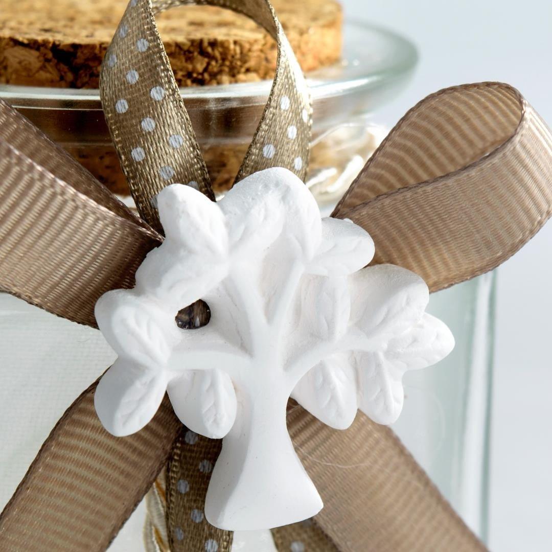 Barattolino Portaconfetti in Vetro con Tappo in Sughero e Decorato con Gessetto a Forma di Albero della Vita e Nastrini Tortora Semplici e a Pois Portaconfetti Albalu Bomboniere