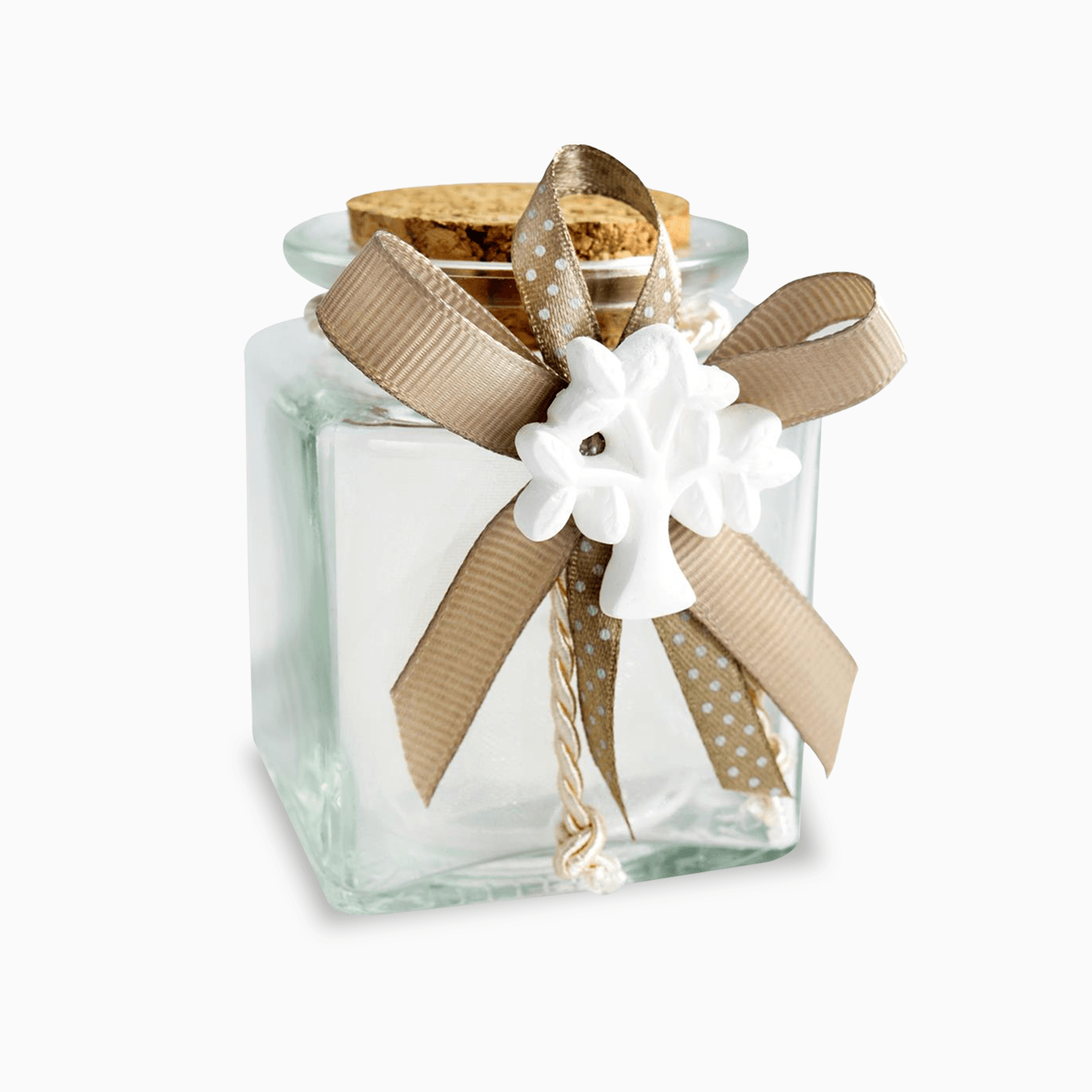 Barattolino Portaconfetti in Vetro con Tappo in Sughero e Decorato con Gessetto a Forma di Albero della Vita e Nastrini Tortora Semplici e a Pois Portaconfetti Albalu Bomboniere