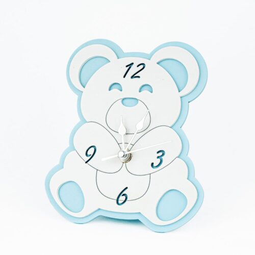 Bomboniera Orologio Orsetto in Legno Da Appoggio Verniciato per Battesimo o idea regalo