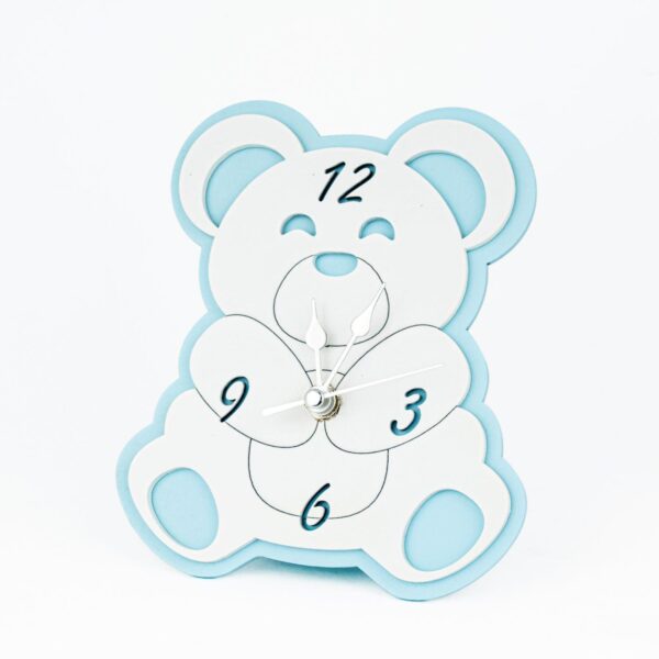 Bomboniera Orologio Orsetto in Legno Da Appoggio Verniciato per Battesimo o idea regalo