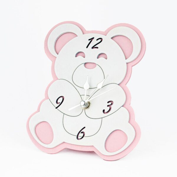 Bomboniera Orologio Orsetto in Legno Da Appoggio Verniciato per Battesimo o idea regalo
