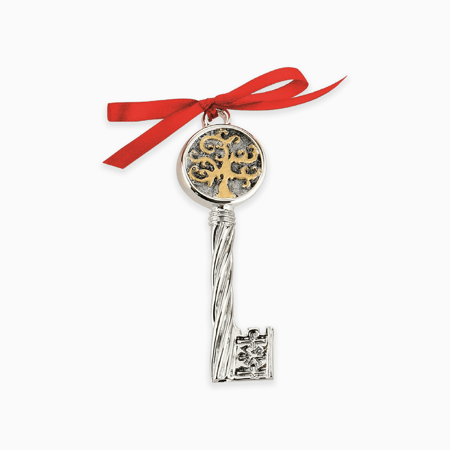 Chiave Portafortuna in Resina Argentata con Dettaglio Albero della Vita e Gancetto per Ciondolo con Nastrino Rosso Resina Argentata Albalu Bomboniere