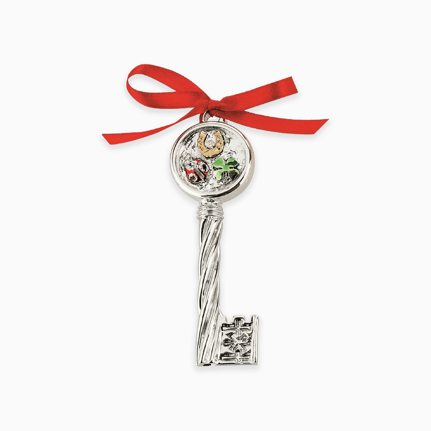 Chiave Portafortuna in Resina Argentata con Dettaglio Ferro di Cavallo Coccinella Quadrifoglio e Gancetto per Ciondolo con Nastrino Rosso Resina Argentata Albalu Bomboniere