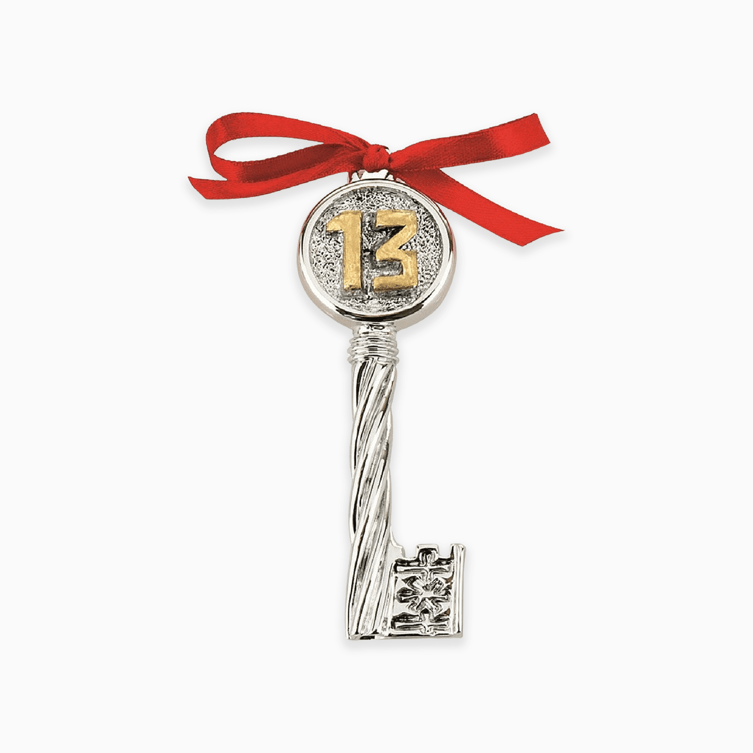 Chiave Portafortuna in Resina Argentata con Dettaglio Numero 13 e Gancetto per Ciondolo con Nastrino Rosso Resina Argentata Albalu Bomboniere