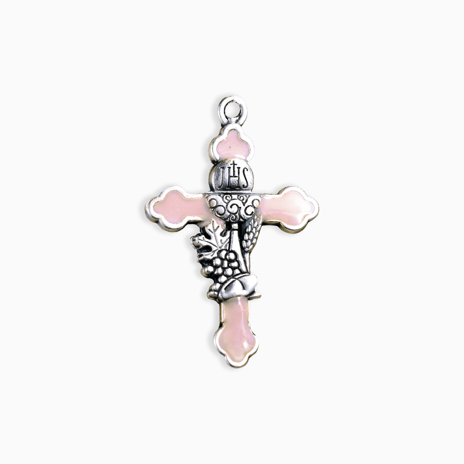 Ciondolo a forma di Croce in Zama Argentata con Dettaglio Calice Comunione e foro per Portachiavi