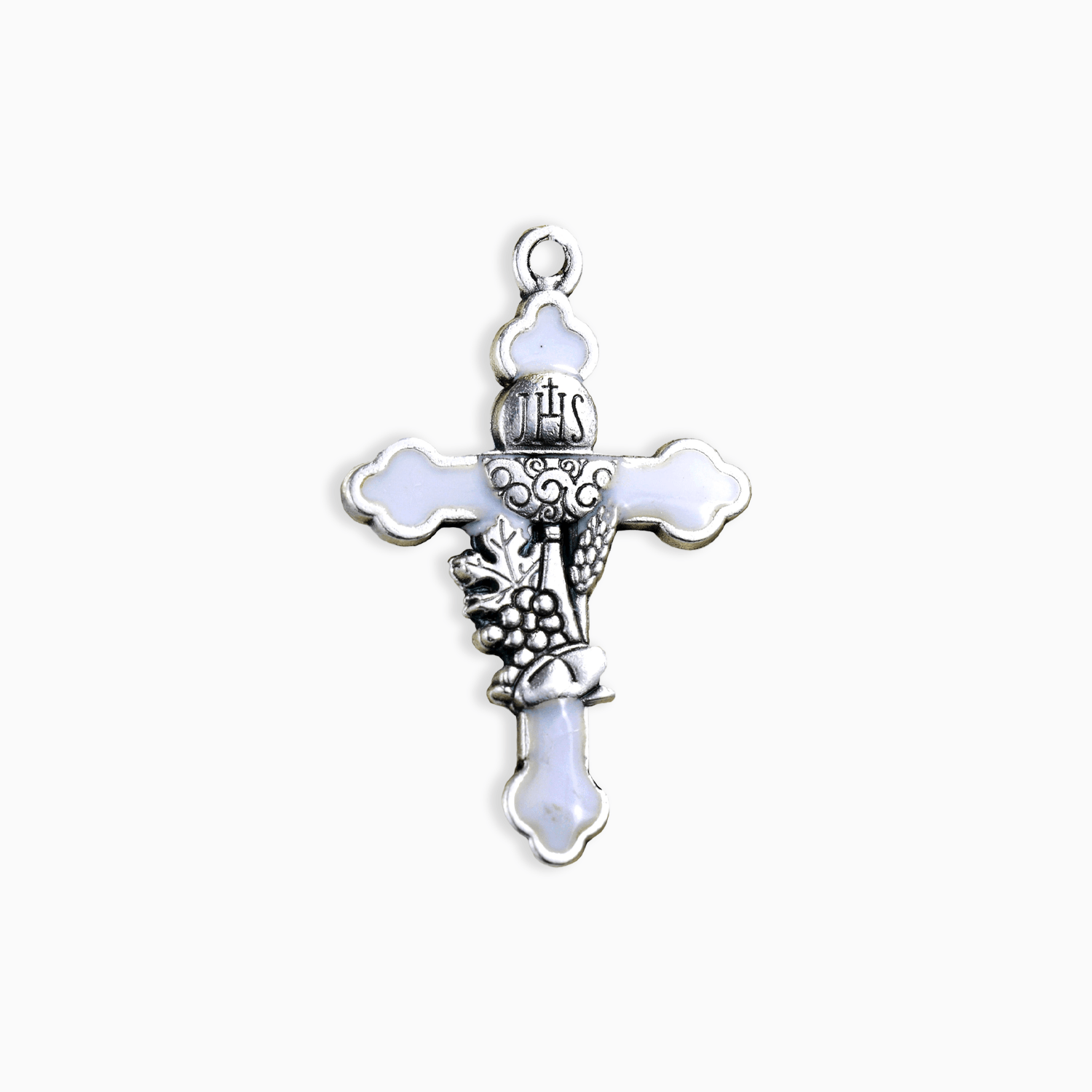 Ciondolo a forma di Croce in Zama Argentata con Dettaglio Calice Comunione e foro per Portachiavi