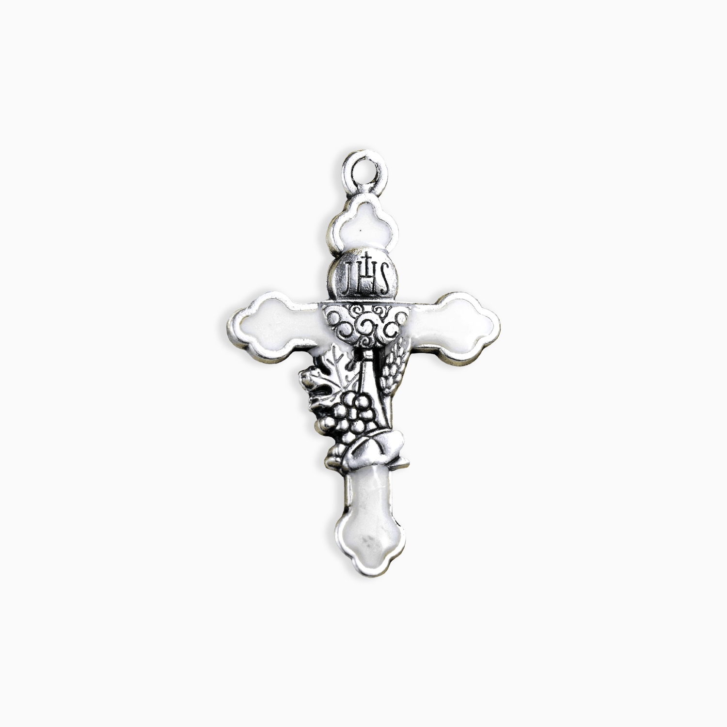 Ciondolo a forma di Croce in Zama Argentata con Dettaglio Calice Comunione e foro per Portachiavi