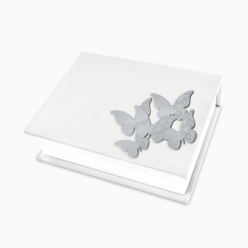 Cofanetto Portagioie in Eco Pelle Bianca a Forma di Libro con Applicazione Farfalle Grigie in Legno Sagomato Svuotatasche e Cofanetti Albalu Bomboniere