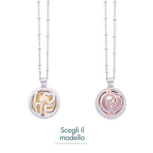 Collana Chiama Angeli Ottone e Zirconi a Sfera Tema Love Con Catenella Argentata Inalterabile con Scatola Regalo Inclusa Regali Nascita & Battesimo Albalu Bomboniere