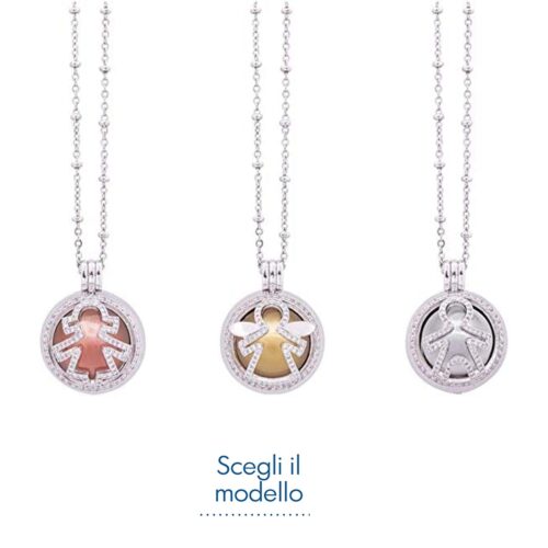 Collana Chiama Angeli Ottone e Zirconi a Sfera Traforati Con Catenella Argentata Inalterabile con Scatola Regalo Inclusa Regali Nascita & Battesimo Albalu Bomboniere