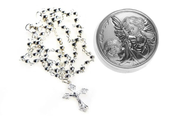 Collana Rosario e Porta Rosario in Metallo Sacra Famiglia Madonna con Bambino Angeli Padre Pio diametro 4cm Oggetti Sacri Albalu Bomboniere