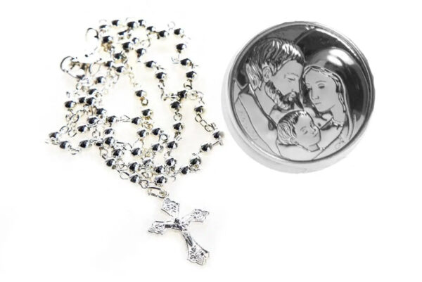 Collana Rosario e Porta Rosario in Metallo Sacra Famiglia Madonna con Bambino Angeli Padre Pio diametro 4cm