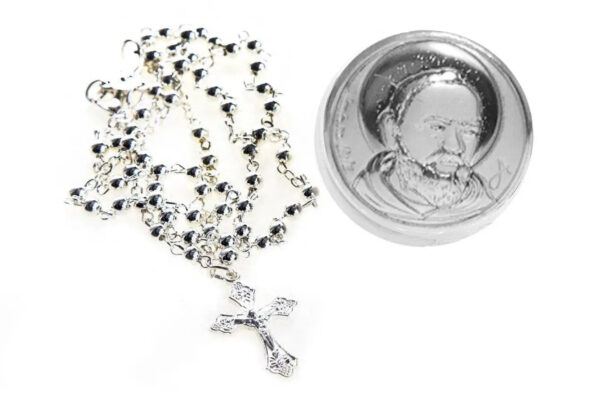 Collana Rosario e Porta Rosario in Metallo Sacra Famiglia Madonna con Bambino Angeli Padre Pio diametro 4cm Oggetti Sacri Albalu Bomboniere