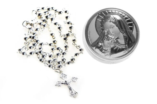 Collana Rosario e Porta Rosario in Metallo Sacra Famiglia Madonna con Bambino Angeli Padre Pio diametro 4cm