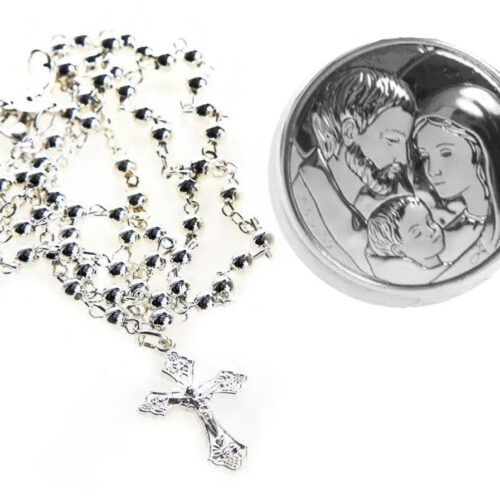 Collana Rosario e Porta Rosario in Metallo Sacra Famiglia Madonna con Bambino Angeli Padre Pio diametro 4cm Oggetti Sacri Albalu Bomboniere