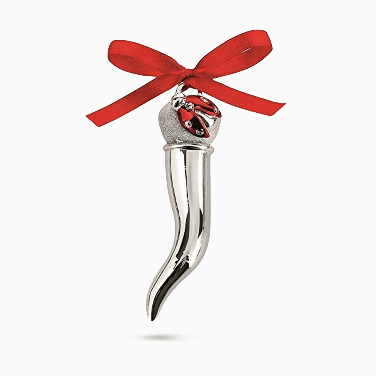 Cornetto Portafortuna in Resina Argentata con Dettaglio Coccinella Rossa e Gancetto per Ciondolo con Nastrino Rosso Resina Argentata Albalu Bomboniere