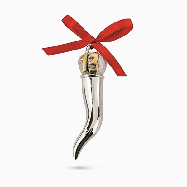 Cornetto Portafortuna in Resina Argentata con Dettaglio Numero 13 Oro e Gancetto per Ciondolo con Nastrino Rosso Resina Argentata Albalu Bomboniere