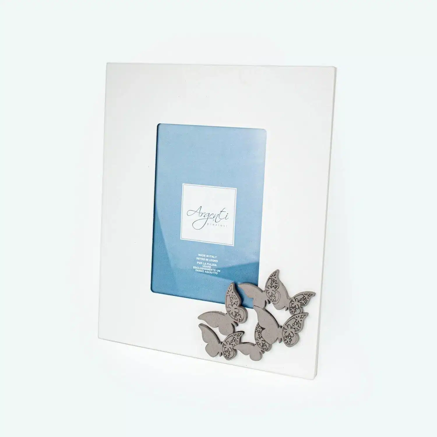 Cornice Portafoto in Legno Laccato Bianco con Applicazione Farfalle Color Tortora Cornici Portafoto Albalu Bomboniere