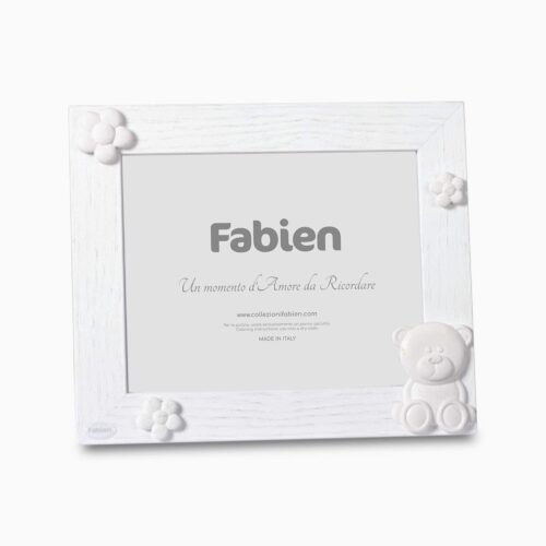 Cornice Portafoto in Legno Naturale Color Bianco con Applicazioni in Resina Misto Gesso a Forma di Orsetto e Fiorellini