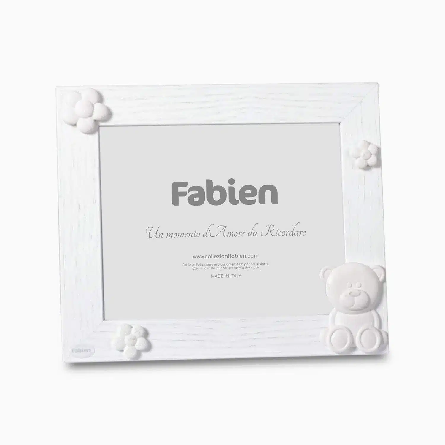 Cornice Portafoto in Legno Naturale Color Bianco con Applicazioni in Resina Misto Gesso a Forma di Orsetto e Fiorellini