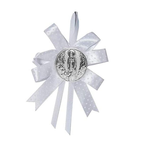 Fiocco Nascita con Placchetta Madonna di Lourdes Argento Laminato