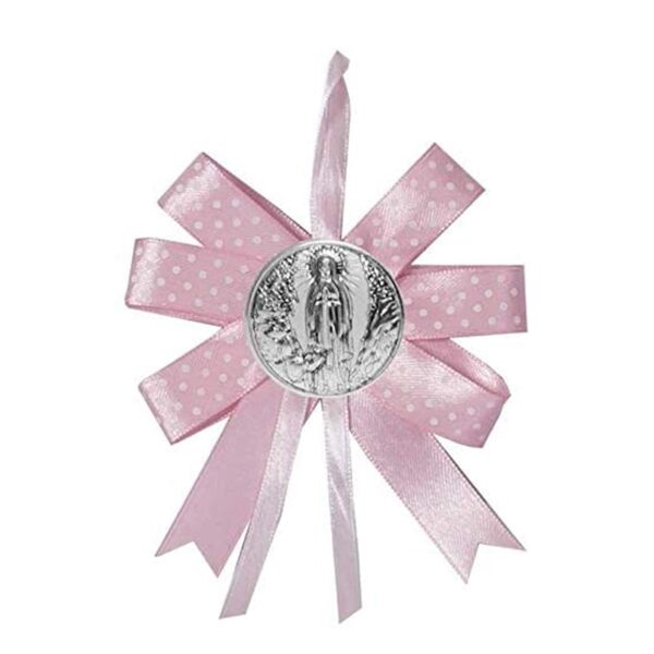 Fiocco Nascita con Placchetta Madonna di Lourdes Argento Laminato