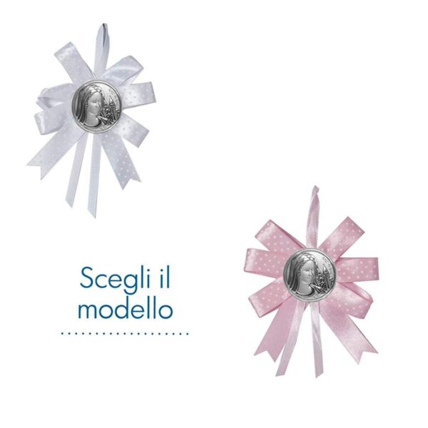 Fiocco Nascita con Placchetta Madonna di Medjugorje Argento Laminato Sopraculla e Nastrini Albalu Bomboniere
