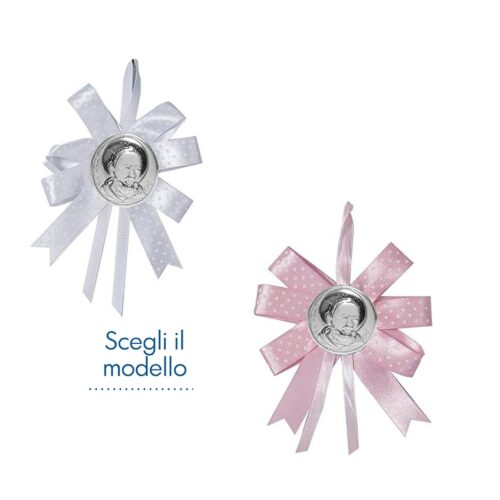 Fiocco Nascita con Placchetta San Pio Argento Laminato Sopraculla e Nastrini Albalu Bomboniere