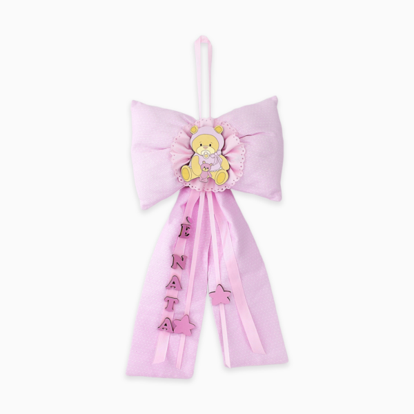 Fiocco Nascita per Bambina in Varie Trame e Fantasie con Colorazioni Rosa e Applicazioni in Legno a Tema Orsetti Personalizzabili