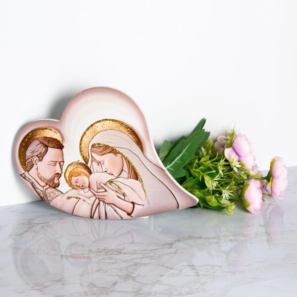 Icona Cuore Tema Sacra Famiglia Glitterata su Legno Sagomato da Appoggio e Muro Icone Sacre Albalu Bomboniere