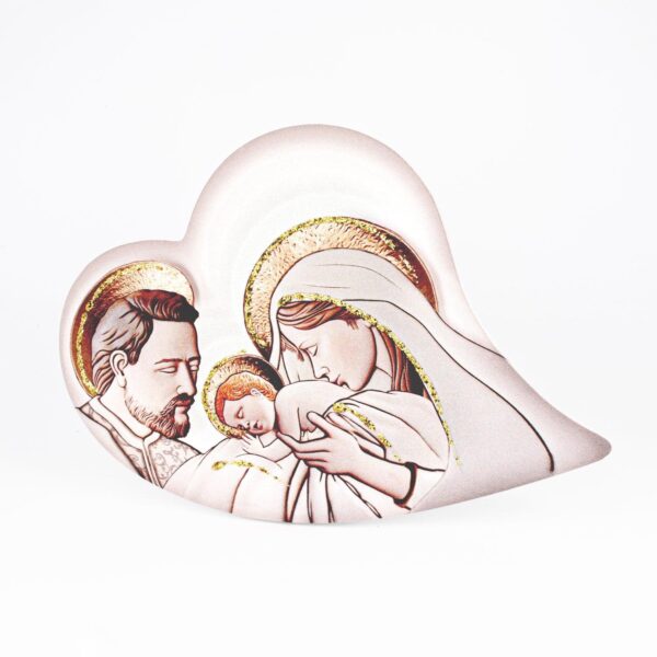 Icona Cuore Tema Sacra Famiglia Glitterata su Legno Sagomato da Appoggio e Muro