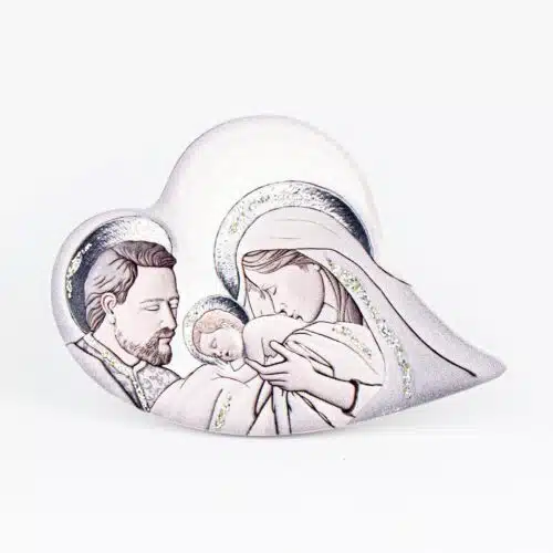 Icona Cuore Tema Sacra Famiglia Glitterata su Legno Sagomato da Appoggio e Muro