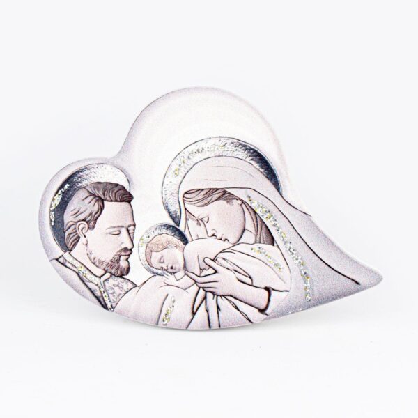 Icona Cuore Tema Sacra Famiglia Glitterata su Legno Sagomato da Appoggio e Muro