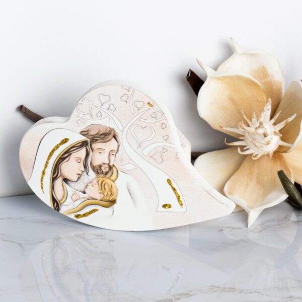 Icona Cuore Tema Sacra Famiglia Glitterata su Legno Sagomato da Appoggio e Muro Icone Sacre Albalu Bomboniere