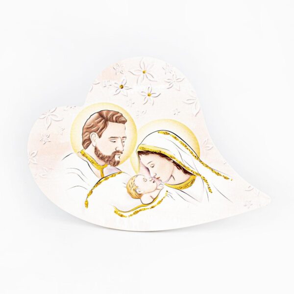 Icona Cuore Tema Sacra Famiglia Glitterata su Legno Sagomato da Appoggio e Muro