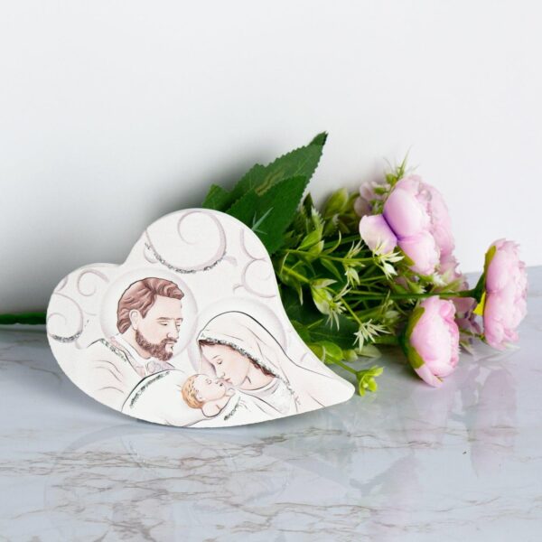 Icona Cuore Tema Sacra Famiglia Glitterata su Legno Sagomato da Appoggio e Muro Icone Sacre Albalu Bomboniere