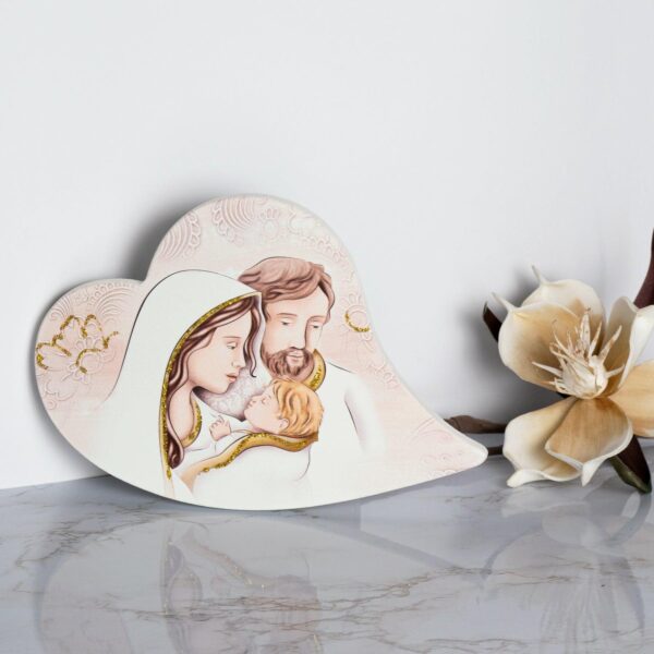 Icona Cuore Tema Sacra Famiglia Glitterata su Legno Sagomato da Appoggio e Muro Icone Sacre Albalu Bomboniere