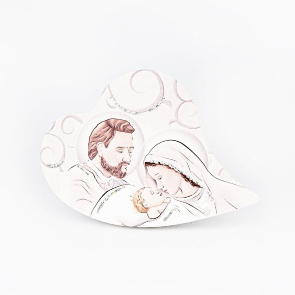 Icona Cuore Tema Sacra Famiglia Glitterata su Legno Sagomato da Appoggio e Muro