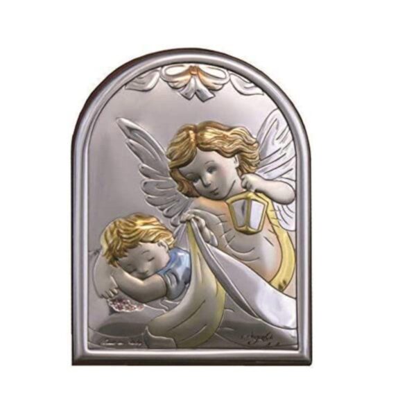Icona Sacra Ad Arcata in Argento Laminato Colorato Con Retro In Legno