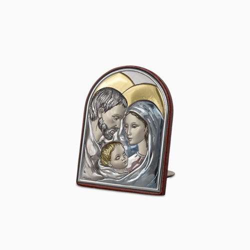 Icona Sacra Ad Arcata in Argento Laminato Colorato Con Retro In Legno Laccato e Piedino da Appoggio