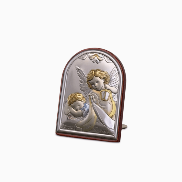 Icona Sacra Ad Arcata in Argento Laminato Colorato Con Retro In Legno Laccato e Piedino da Appoggio