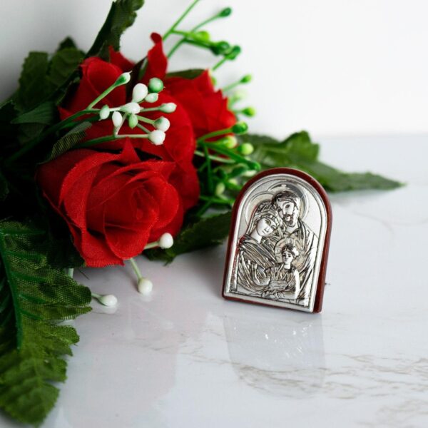 Icona Sacra Ad Arcata in Argento Laminato Colorato Con Retro In Legno Laccato e Piedino da Appoggio Icone Sacre Albalu Bomboniere