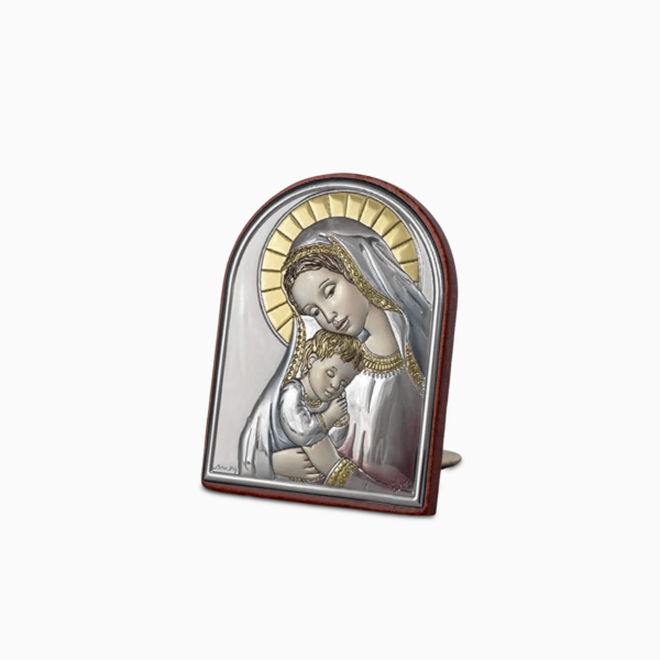 Icona Sacra Ad Arcata in Argento Laminato Colorato Con Retro In Legno Laccato e Piedino da Appoggio