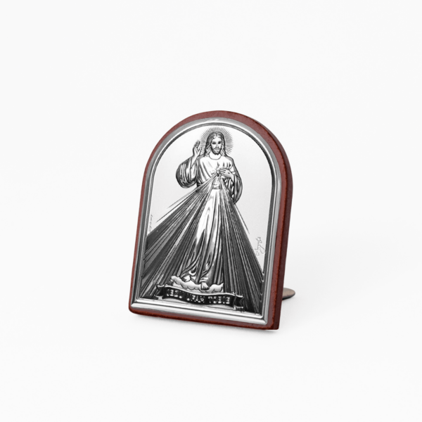 Icona Sacra Ad Arcata in Argento Laminato Con Retro In Legno da Appoggio e Muro