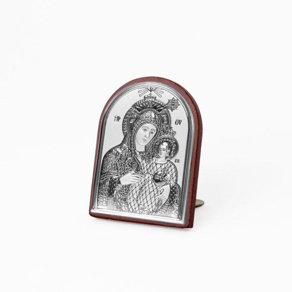 Icona Sacra Ad Arcata in Argento Laminato Con Retro In Legno da Appoggio e Muro